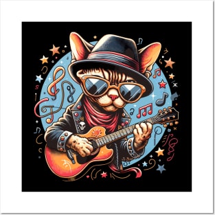 Devon Rex Cat Playing Guitar Posters and Art